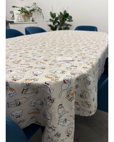Tovaglia in misto cotone, fantasia con Gattini - Disponibile per 6 o 8-12 persone