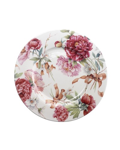 Sottopiatto in ceramica, diametro cm 32, Fantasia con Fiori e Fiocchi