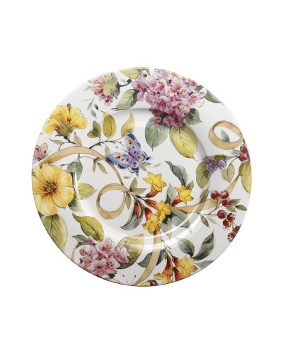 Sottopiatto in ceramica, diametro cm 32, Decorato a mano con Fiori e Farfalla