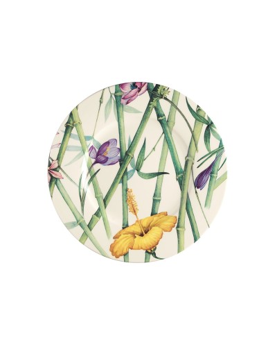 Sottopiatto in ceramica, diametro cm 32, Decorato a mano con bambù, Ibisco giallo e Anemoni