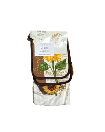 Set da cucina, 5 pezzi, 2 presine, 1 guantone da forno, e 2 strofinacci, fantasia con Girasoli