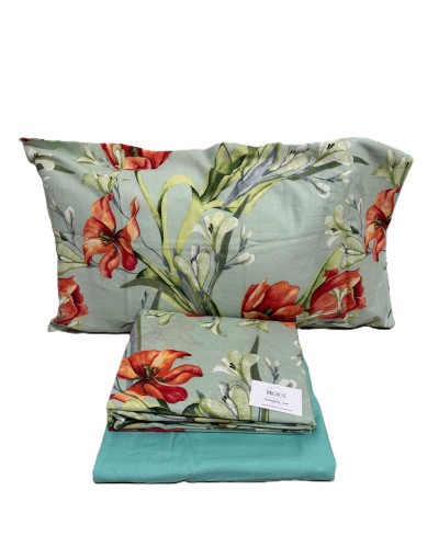 Completo Lenzuola Matrimoniale fantasia Papavero Rosso su sfondo verde salvia, prodotto italiano