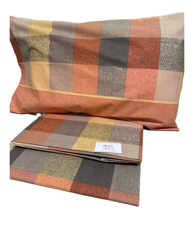 Completo Lenzuola Matrimoniale in cotone fantasia Quadroni su sfondo arancio, prodotto italiano